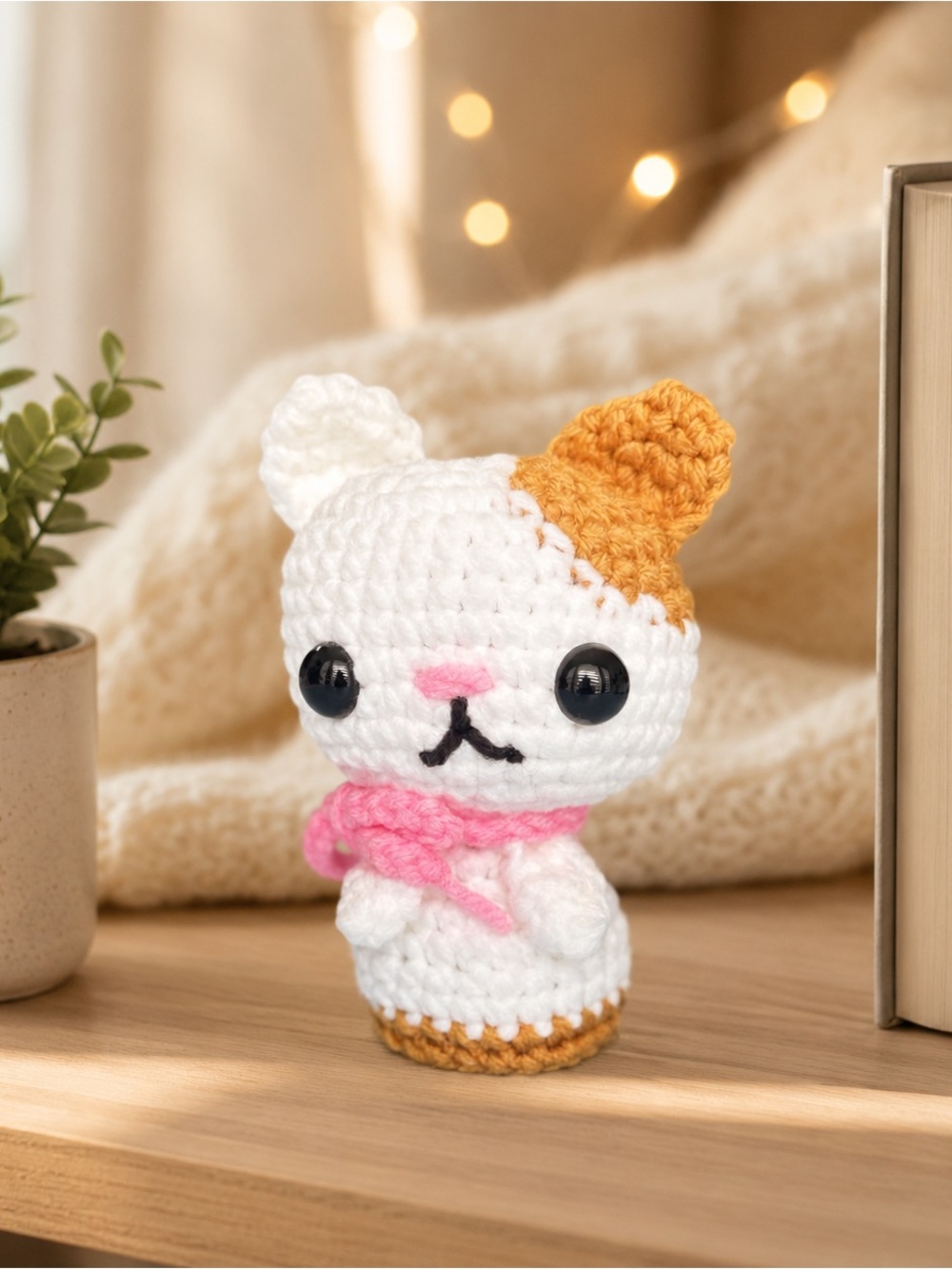 Handmade White & Yellow Crochet Cat Plush with Pink Scarf